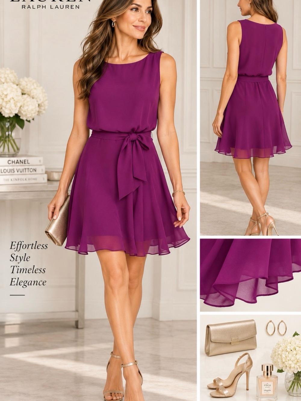 Ralph Lauren Purple Sleeveless Tie-Waist Chiffon Mini Dress